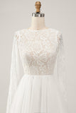 Ivory A-Line Backless Long Sleeves Long Wedding Dress with Lace