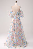 Apricot Flower A-Line Off the Shoulder Long Corset Prom Dress