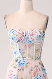 Apricot Flower A-Line Off the Shoulder Long Corset Prom Dress