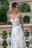 White Blue Flower A Line Sweetheart Corset Long Prom Dress With Slit