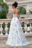 White Blue Flower A Line Sweetheart Corset Long Prom Dress With Slit