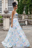 White Blue Flower A Line Sweetheart Corset Long Prom Dress With Slit