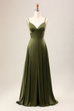 A-Line Spaghetti Straps Long Olive Bridesmaid Dress With Slit