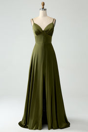 A-Line Spaghetti Straps Long Olive Bridesmaid Dress With Slit