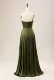 A-Line Spaghetti Straps Long Olive Bridesmaid Dress With Slit