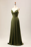 A-Line Spaghetti Straps Long Olive Bridesmaid Dress With Slit