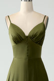 A-Line Spaghetti Straps Long Olive Bridesmaid Dress With Slit