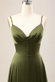 A-Line Spaghetti Straps Long Olive Bridesmaid Dress With Slit