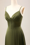 A-Line Spaghetti Straps Long Olive Bridesmaid Dress With Slit