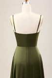 A-Line Spaghetti Straps Long Olive Bridesmaid Dress With Slit