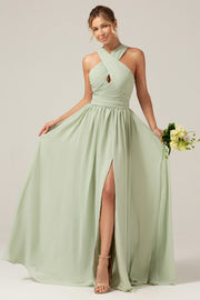 Dusty Sage A Line Halter Pleated Long Maternity Bridesmaid Dress