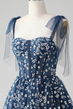 Cute A Line Spaghetti Straps Print Corset Navy Short Homecoming Dress