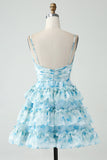 Blue Flower A-Line Tiered Pleated Short Homecoming Dress