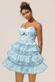 Blue Flower A-Line Tiered Pleated Hollow Out Short Homecoming Dress