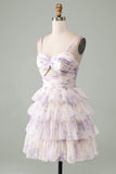 Lavender Flower A-Line Spaghetti Straps Tiered Pleated Short Homecoming Dress