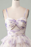 Lavender Flower A-Line Spaghetti Straps Tiered Pleated Short Homecoming Dress