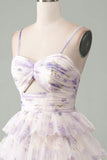 Lavender Flower A-Line Spaghetti Straps Tiered Pleated Short Homecoming Dress