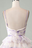 Lavender Flower A-Line Spaghetti Straps Tiered Pleated Short Homecoming Dress