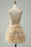 A Line Halter Tiered Print Short Yellow Flower Homecoming Dress