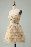 Yellow Flower A-Line Halter Tiered Print Short Homecoming Dress