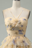 Yellow Flower A-Line Halter Tiered Print Short Homecoming Dress