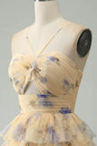 Yellow Flower A-Line Halter Tiered Print Short Homecoming Dress