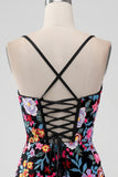 Black Flower Mermaid Spaghetti Straps Embroidered Short Homecoming Dress