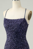 Sparkly Navy Bodycon Spaghetti Straps Backless Short Homecoming Dress with Sequins