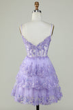 Cute Pink A Line Spaghetti Straps Sparkly Sequin Tiered Corset Short Homecoming Dress