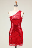 Sparkly Red Sheath One Shoulder Sequins Short Homecoming Dress with Star