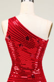 Sparkly Red Sheath One Shoulder Sequins Short Homecoming Dress with Star