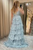 Sparkly Silver A-Line Off The Shoulder Tiered Long Prom Dress