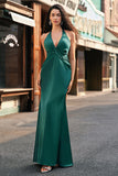 Dusty Sage Mermaid Halter V Neck Open Back Satin Ruched Long Bridesmaid Dress