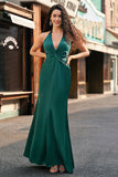 Dusty Sage Mermaid Halter V Neck Open Back Satin Ruched Long Bridesmaid Dress