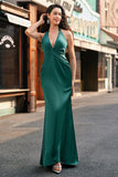 Dusty Sage Mermaid Halter V Neck Open Back Satin Ruched Long Bridesmaid Dress