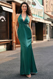 Dusty Sage Mermaid Halter V Neck Open Back Satin Ruched Long Bridesmaid Dress