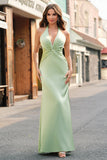 Dusty Sage Mermaid Halter V Neck Open Back Satin Ruched Long Bridesmaid Dress