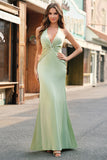 Dusty Sage Mermaid Halter V Neck Open Back Satin Ruched Long Bridesmaid Dress