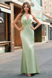 Dusty Sage Mermaid Halter V Neck Open Back Satin Ruched Long Bridesmaid Dress