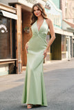 Dusty Sage Mermaid Halter V Neck Open Back Satin Ruched Long Bridesmaid Dress