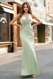 Dusty Sage Mermaid Halter V Neck Open Back Satin Ruched Long Bridesmaid Dress