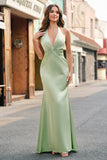 Dusty Sage Mermaid Halter V Neck Open Back Satin Ruched Long Bridesmaid Dress