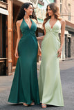 Dark Green Mermaid Halter V Neck Open Back Satin Ruched Long Bridesmaid Dress