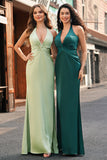 Dark Green Mermaid Halter V Neck Open Back Satin Ruched Long Bridesmaid Dress