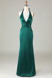 Dusty Sage Mermaid Halter V Neck Open Back Satin Ruched Long Bridesmaid Dress