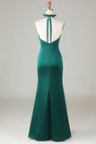 Dusty Sage Mermaid Halter V Neck Open Back Satin Ruched Long Bridesmaid Dress