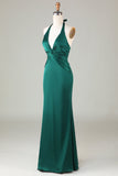 Dusty Sage Mermaid Halter V Neck Open Back Satin Ruched Long Bridesmaid Dress