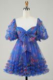 Dark Blue A-Line Puff Sleeves Tulle Short Homecoming Dress with Bow