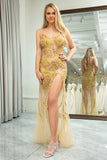 Glitter Golden Mermaid Sequins Long Prom Dress with Split Front