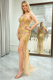 Glitter Golden Mermaid Sequins Long Prom Dress with Split Front